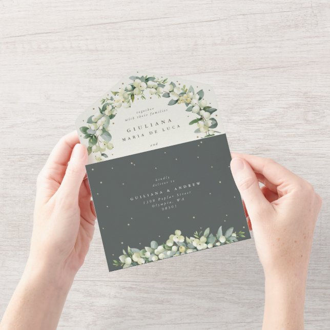 Green/Cream Snowberry + Eucalyptus Wedding All In One Invitation (Opening)