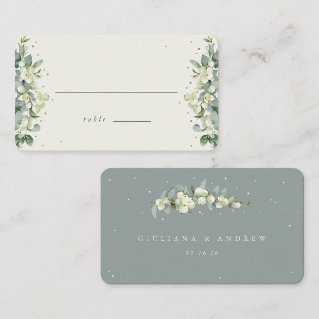 Green/Cream Snowberry+Eucalyptus Wedding Flat Place Card (Front/Back)