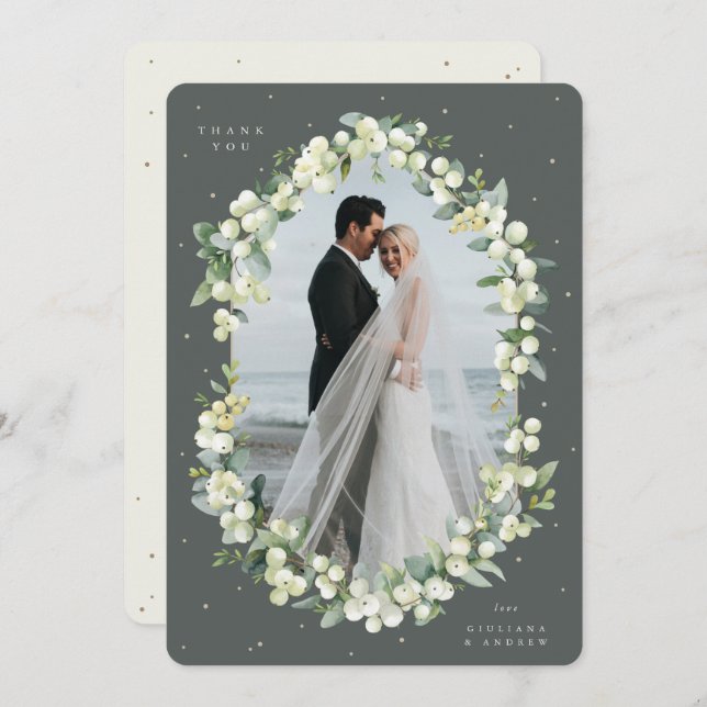 Green/Cream Snowberry+Eucalyptus Wedding Photo Thank You Card (Front/Back)