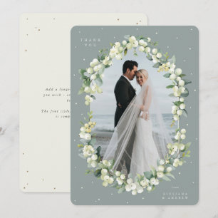 Green/Cream Snowberry+Eucalyptus Wedding Photo Thank You Card