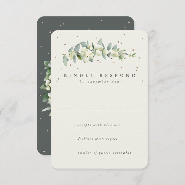 Green/Cream Snowberry+Eucalyptus Wedding RSVP Card (Front/Back)