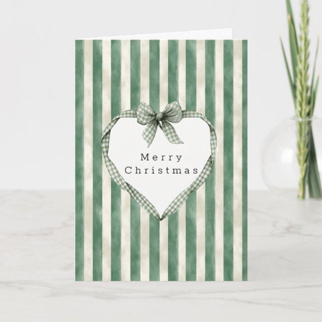 Green Cream Stripes Heart Bow Christmas Card (Front)