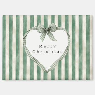 Green Cream Stripes Heart Bow Christmas Magnet