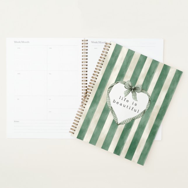 Green Cream Stripes Heart Bow Planner (Display)