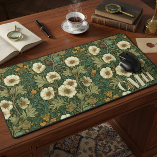 Green Cream Vintage William Morris Floral Monogram Desk Mat