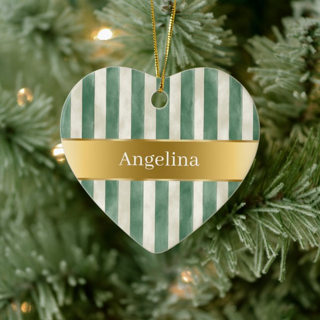 Green Cream White Stripes Gold Ribbon Christmas Ceramic Ornament (Tree)