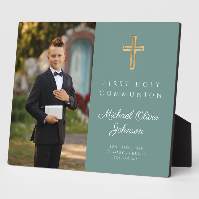 Green Cross Photo Boy First Communion Plaque (Side)