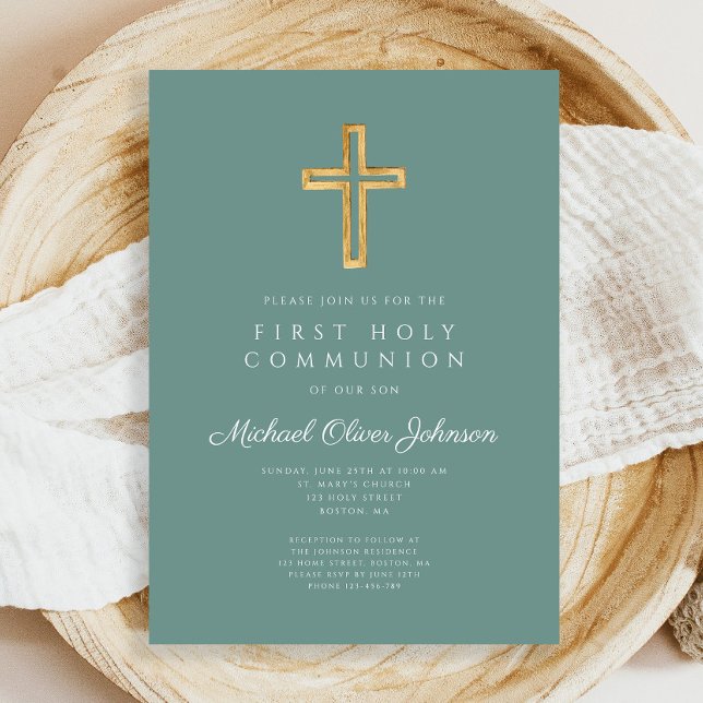 Green Cross Religious Boy First Communion Invitation (Green Cross Religious Boy First Holy Communion Invitation)