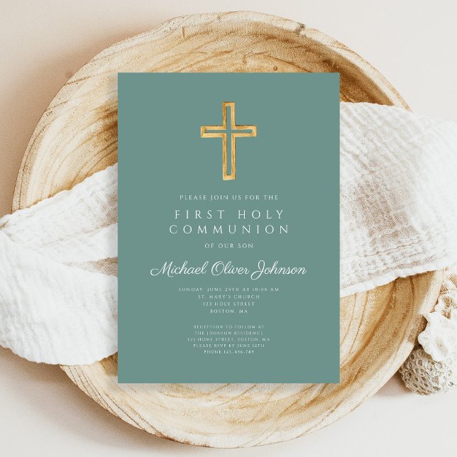 Green Cross Religious Boy First Communion Invitation (Green Cross Religious Boy First Holy Communion Invitation)