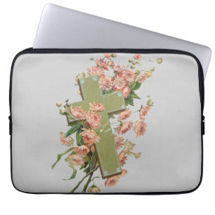 Green Cross With Pink Flowers Laptop Sleeve