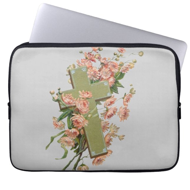 Green Cross With Pink Flowers Laptop Sleeve (Front)