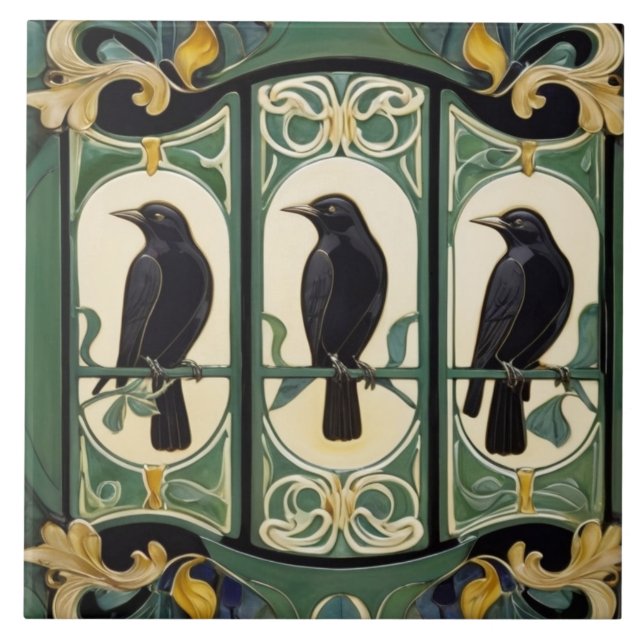 Green Crow Birds Art Nouveau Art Deco Black Bird Ceramic Tile (Front)