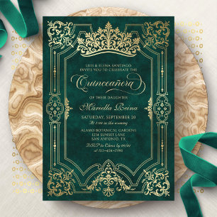 Green Crown Tiara Elegant Quinceanera Invitation