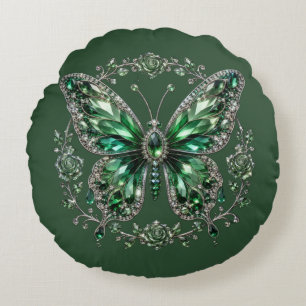 Green Crystal Butterfly Floral Frame Round Cushion