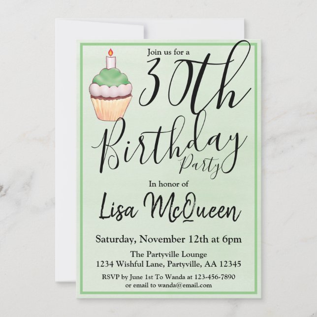 Green Cupcake 30th Birthday Party Invitation (Front)