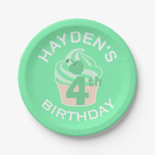 Green Cupcake Custom Fourth or Any Age Birthday Paper Plate