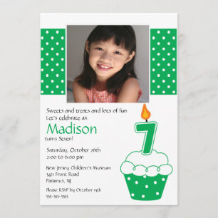 Green Cupcake Photo 7th Birthday Invitation