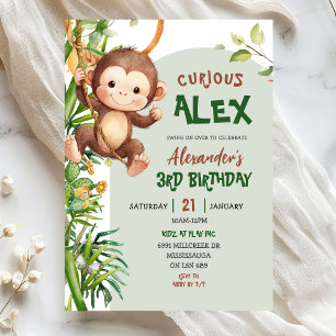 Green Curious Monkey Safari Theme Birthday Invitation