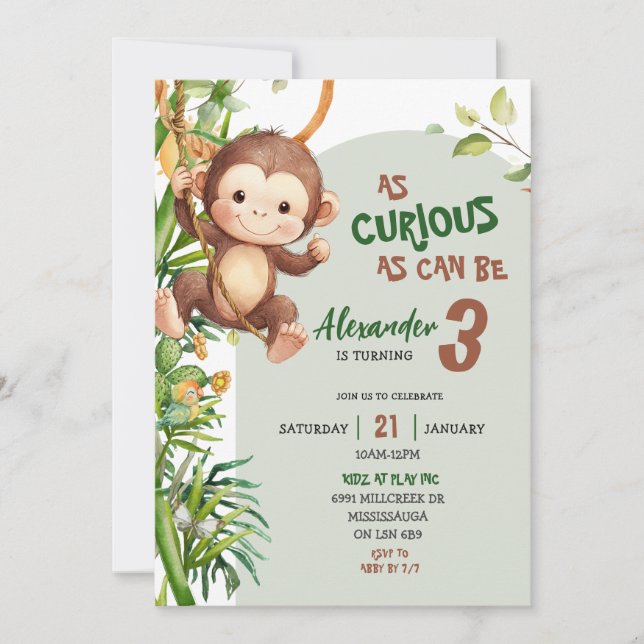 Green Curious Monkey Savannah Theme Birthday Invitation (Front)