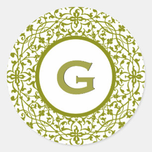 Green Curlicue Lace E Monogram or any Letter Classic Round Sticker