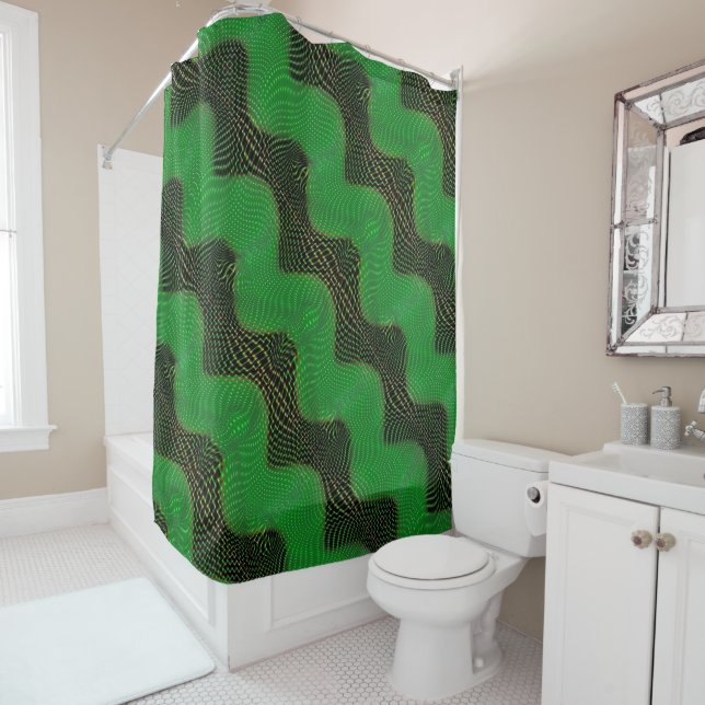 Green curve and clear points on dark background shower curtain (In Situ)