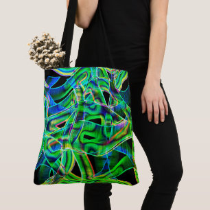 Green curved ribbons, highlighted by embossed tote bag