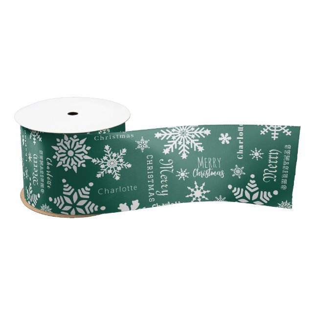 Green Custom Name Christmas Holiday Snow Satin Ribbon (Spool)
