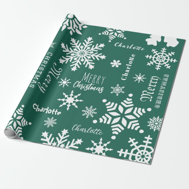 Green Custom Name Christmas Holiday Snow Wrapping Paper (Unrolled)