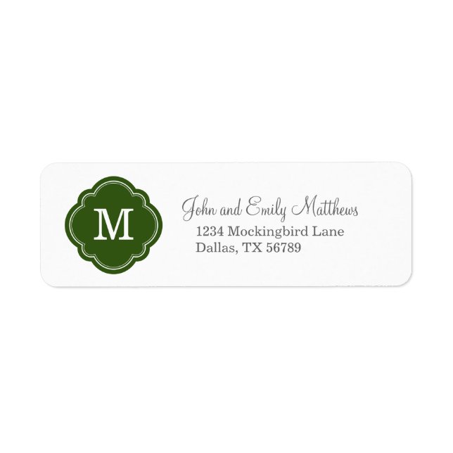 Green Custom Personalised Monogram Return Address Label (Front)