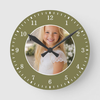 Green Custom Photo and White Numbers Personalised Round Clock