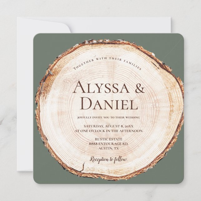 Green Custom Rustic Wedding Wood Cut Grain  Invitation (Front)