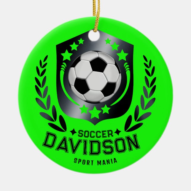 Green Custom Soccer Ball | Personalized Text  Gift Ceramic Ornament (Front)