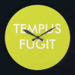 Green Custom Text Latin Phrases Tempus Fugit Large Clock<br><div class="desc">Green and white minimalist round wall clock with latin motto "Tempus fugit". Personalise no numbers wall clocks with your colours, favourite latin quotes and fonts. Personalised latin phrases wall clock design, by red_dress, featuring the white text "Tempus Fugit" on a green background. Easily customise Tempus Fugit wall clocks with your...</div>