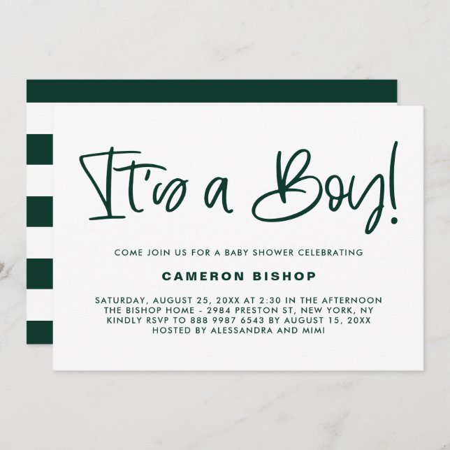 Green Cute Calligraphy It's a Boy Baby Shower Invitation (Front/Back)