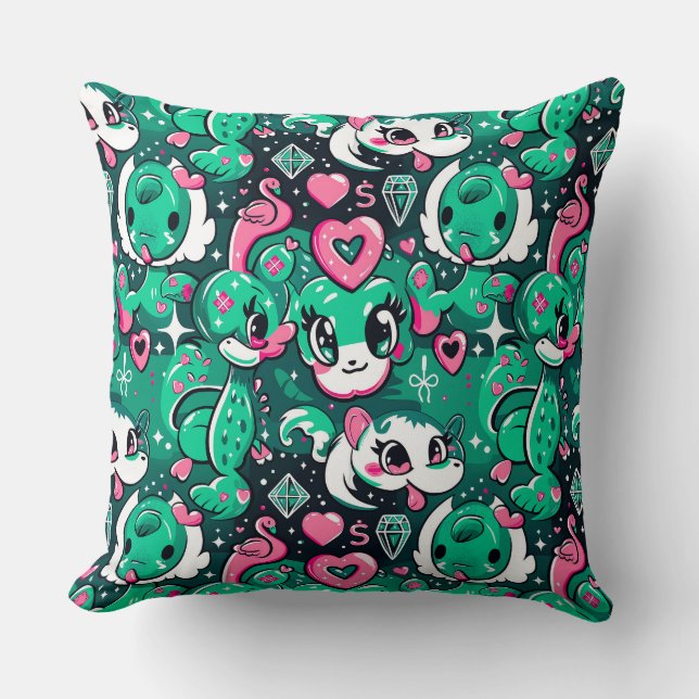 Green cute cartoon fancy charecters, dragons, flam cushion (Front)