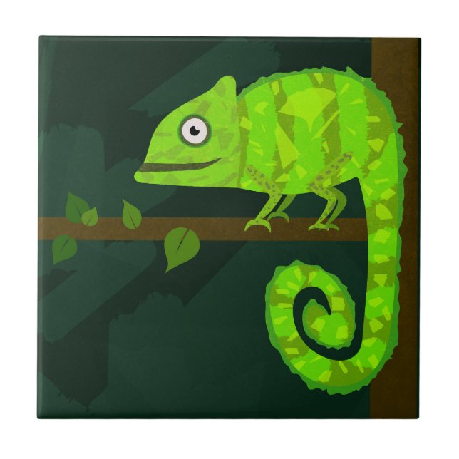 Green cute chameleon ceramic tile (Front)