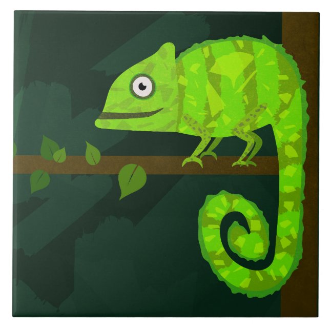 Green cute chameleon ceramic tile (Front)