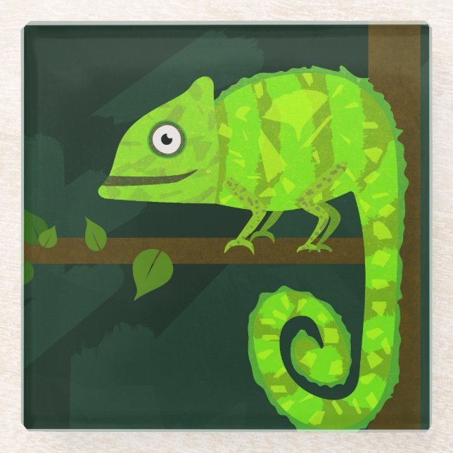 Green cute chameleon glass coaster (Front)