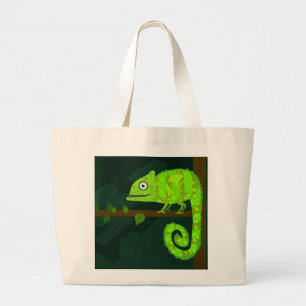 Green cute chameleon large tote bag