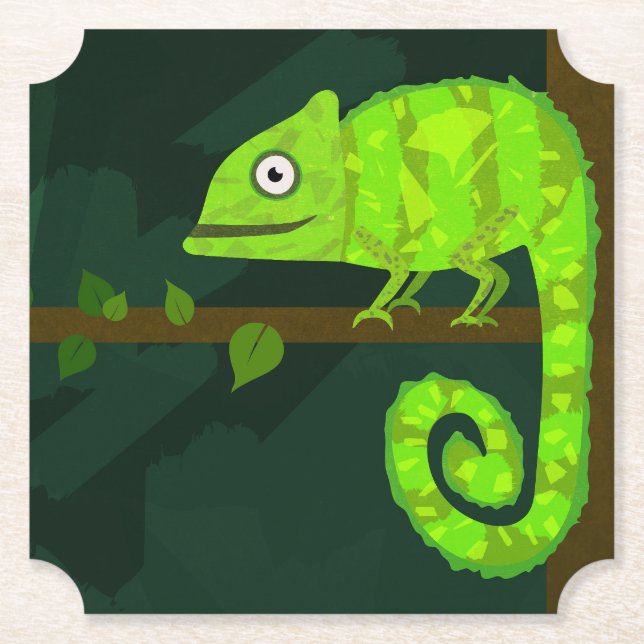 Green cute chameleon paper coaster (Front)