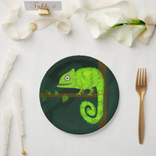 Green cute chameleon paper plate