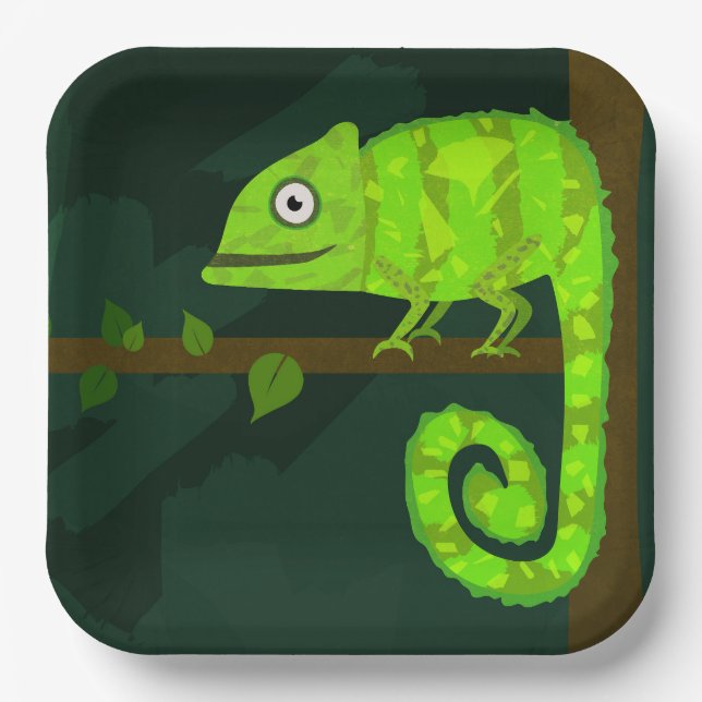Green cute chameleon paper plate (Front)