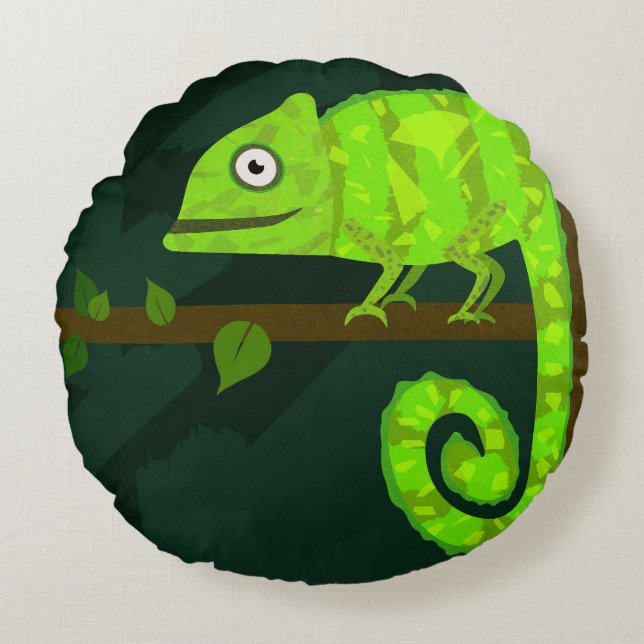 Green cute chameleon round cushion (Front)