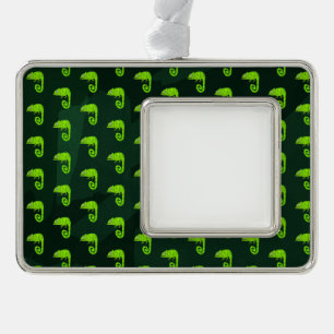 Green cute chameleon silver plated framed ornament
