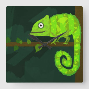 Green cute chameleon square wall clock