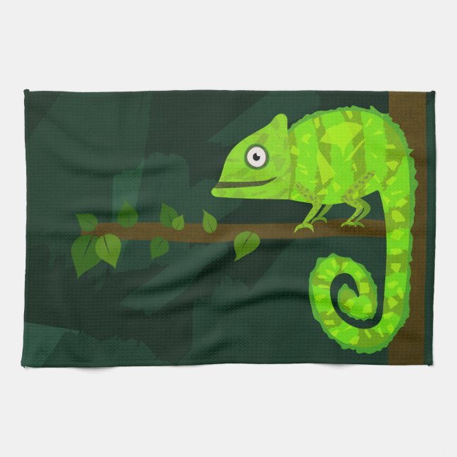 Green cute chameleon tea towel (Horizontal)