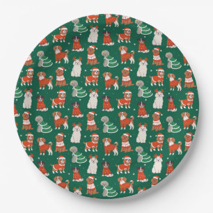 Green Cute Christmas Dogs Holiday Puppy Pattern Paper Plate