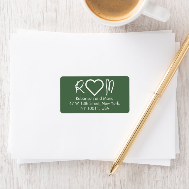 Green Cute Couple Monogram Heart Return Address Label (Insitu)