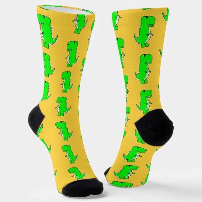 Green Cute Dino Orange Socks (Angled)