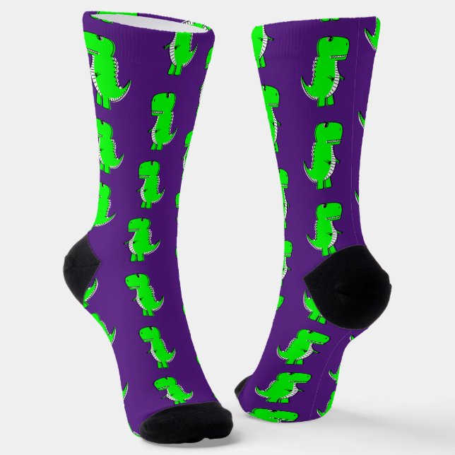 Green Cute Dino Purple Socks (Angled)